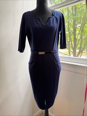 Sophisticated Navy Midi Sheath Dress with Accent Belt